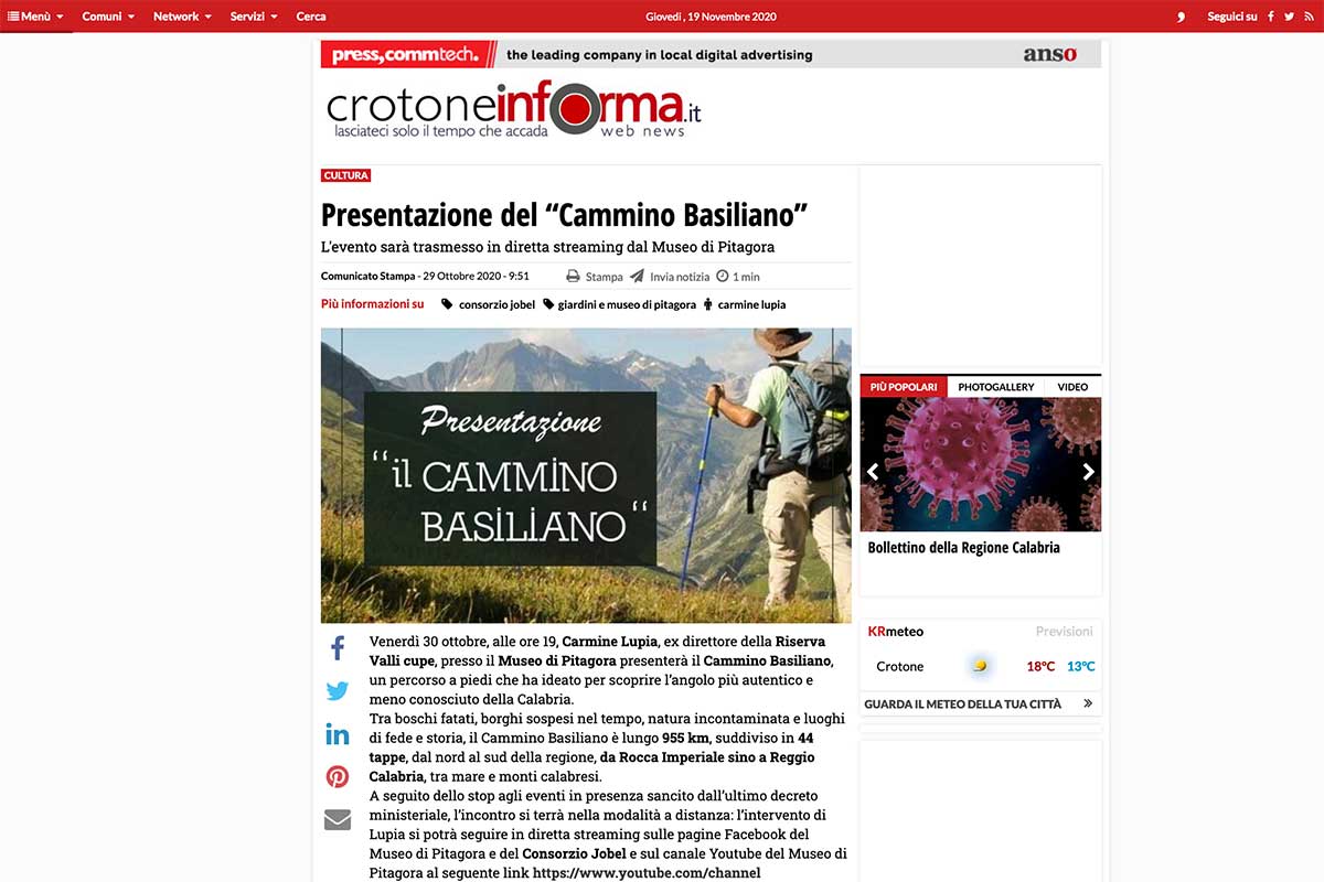 Rassegna Stampa Cammino Basiliano: Crotone Informa