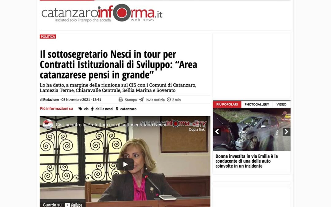 Catanzaro Informa: Il sottosegretario Nesci in tour per Contratti Istituzionali di Sviluppo: “Area catanzarese pensi in grande”