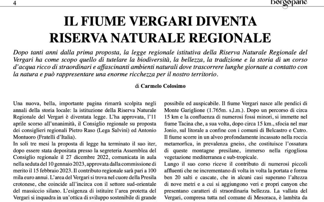 Borgopane: il fiume Vergari diventa Riserva Naturale Regionale