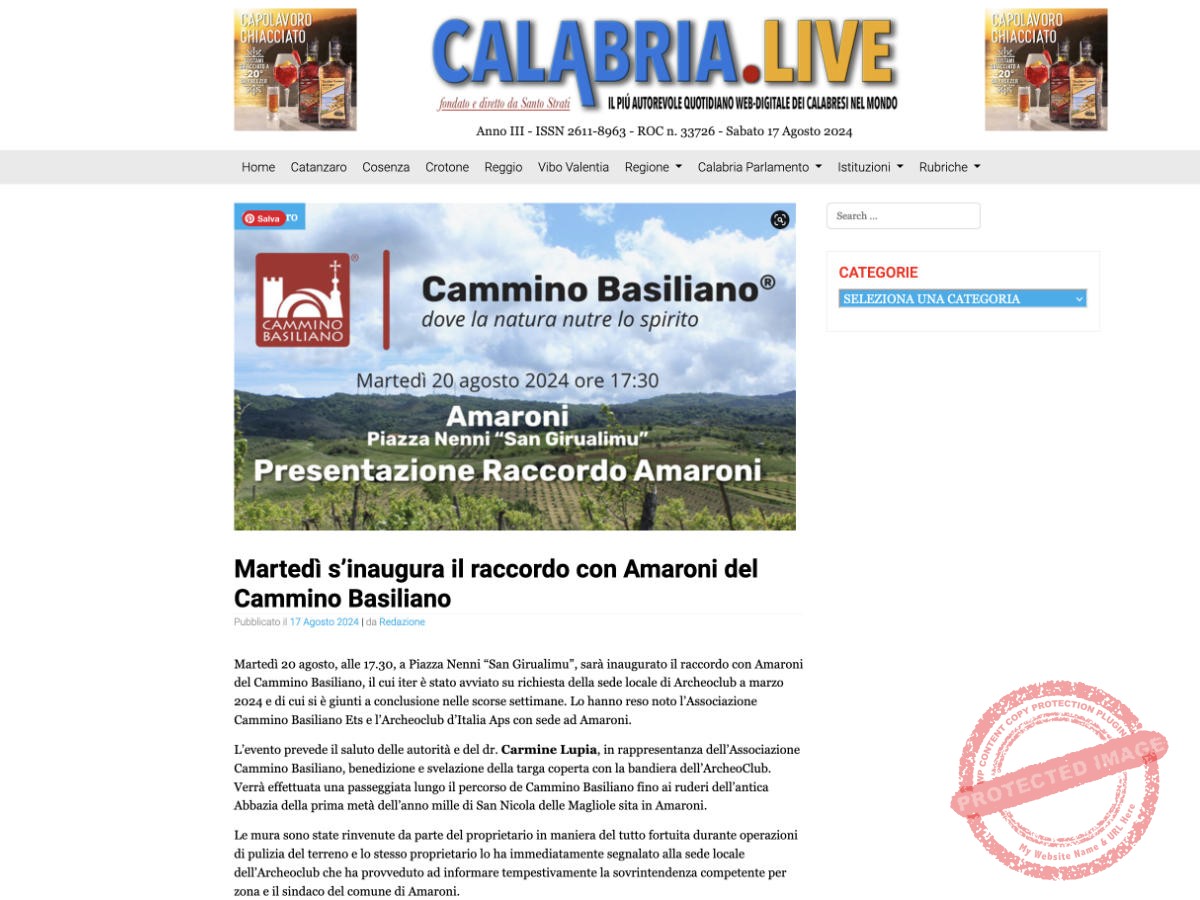 Calabria Live: Martedì s’inaugura il raccordo con Amaroni del Cammino Basiliano